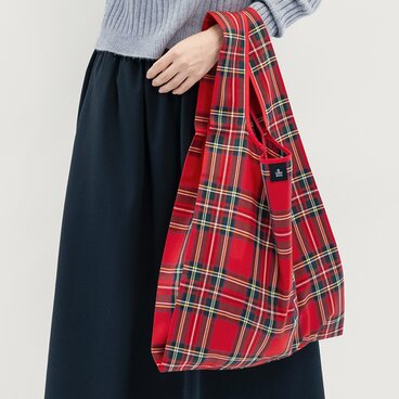 ●限定1点●上質を極めたウール100％ リュクスなエコバッグ 赤 タータンチェック M/大のみ ●MARIE-ECOBAG●