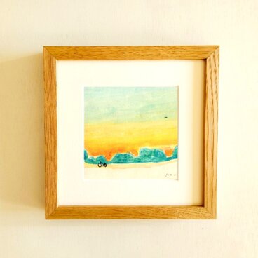 【原画・水彩画】「夕暮れ帰り道」 ※木製額縁入り（18㎝角）