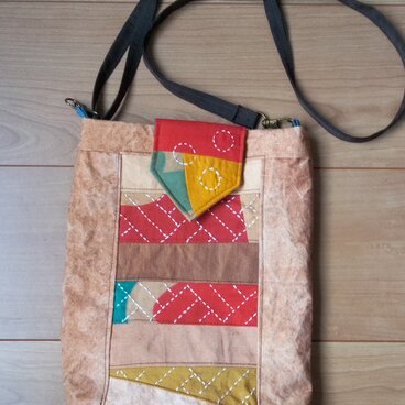 大漁旗と帯芯柿渋染めのショルダーバック　綿