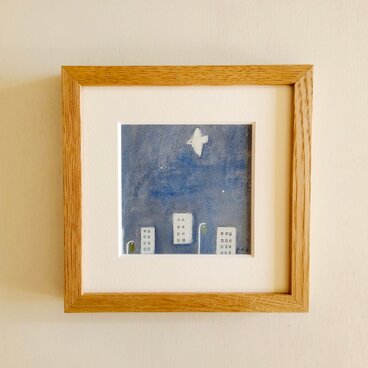 「眠る町」 原画 イラスト ・18㎝角 木製額縁入り｜一点物　北欧インテリア