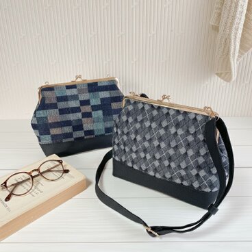 倉敷帆布　岡山デニム　がま口　ショルダーバッグ　　チェック　アーガイル　軽量　自立　幾何学模様