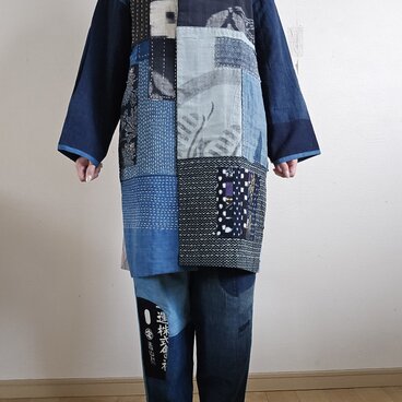 着物リメイク　BORO のぼり　型染め　刺し子　パッチワーク　コート