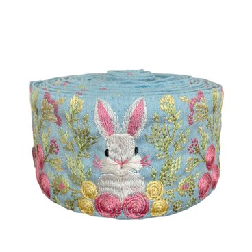 インド刺繍リボン50cm切り売り 花園の白うさぎ ブルー地 6.7cm幅 HC ラビット バニー 兎 R-0831