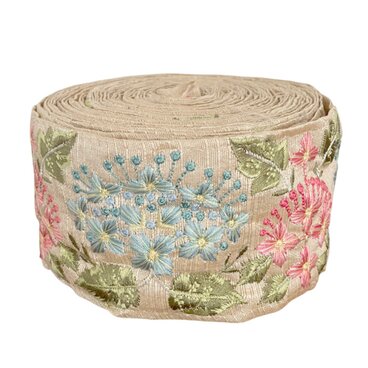 インド刺繍リボン50cm切売 ガクアジサイ ベージュ地 6.8cm幅 花 あじさい 紫陽花 フラワーHC R-0828