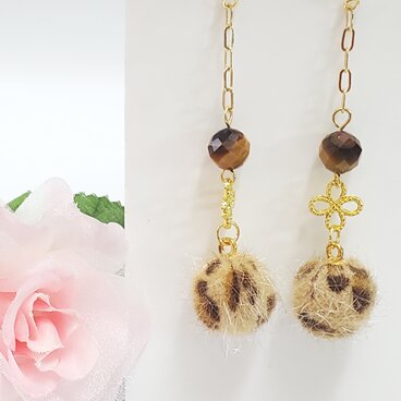 タイガーアイ×アニマルファー ピアス 天然石ピアス イヤリング おしゃれ 可愛い アニマル柄 秋冬 アクセサリー