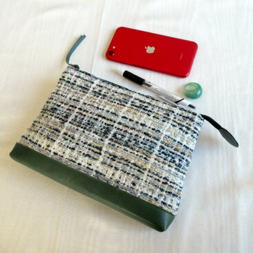 ツイードポーチ／緑の皮革