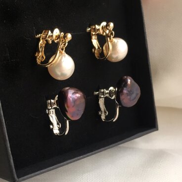 一点物 照り綺麗なあこやパール&ケシバロックブラックパール イヤリング 2点セット