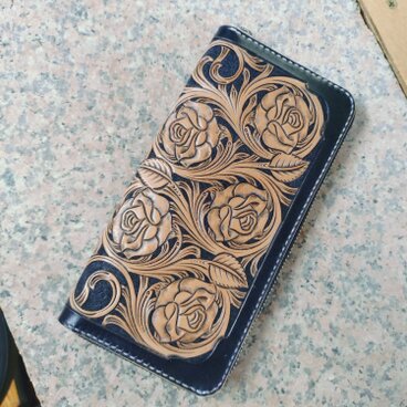 薔薇のお財布　レザーカービング　ラウンドファスナーウォレット