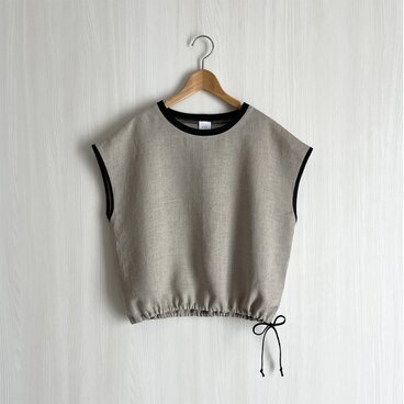 衿リブフレンチ袖裾ドロストクロップド丈プルオーバー_リネン100%_Natural