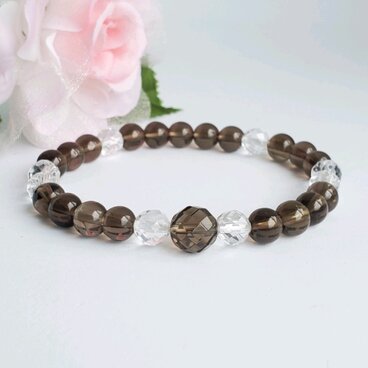 天然石＊スモーキークォーツ×水晶＊ブレスレット＊シンプル＊おしゃれ＊スリム＊細め＊お守り※煙水晶＊茶＊天然石ブレスレット