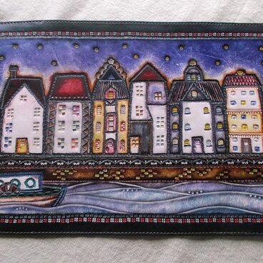 単行本サイズブックカバー  牛革　刻印＆拭き染め