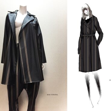 【1点もの・デザイン画付き】合皮ストライプ生地コートジャケット＆パンツセット（KOJI TOYODA）