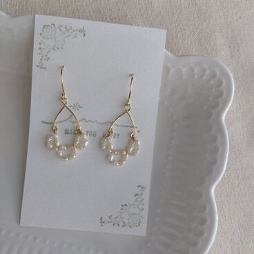 14kgf 小さな淡水ライスパールのレースピアス