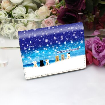 定期入れ/パス入れ/名刺入れ  カードケース 【ほのぼのにゃんこ（雪花）】（名入れ可）