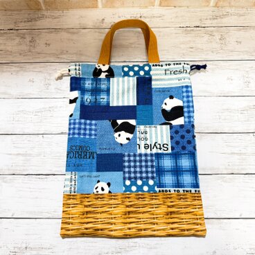 持ち手付き巾着袋　【パンダ★青】