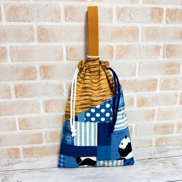 シューズケース(外ポケット付)　【パンダ★青】