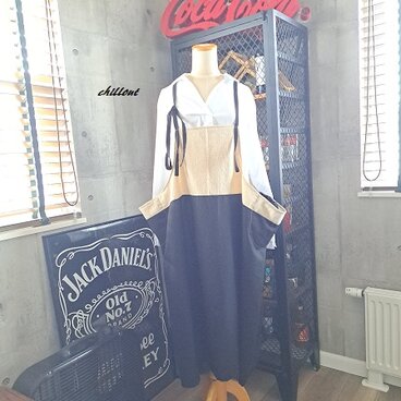 【背中がかわいい】マキシ：エプロンドレス：ブラック×リネン【1018】