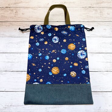 持ち手付き巾着袋　【宇宙】