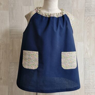 【80〜160】 リバティA ③ピンク ラセンビィコットン ネイビー 半袖スモック ショート袖 首パイピング