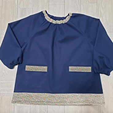 【80〜160】 リバティA ③ピンク ラセンビィコットン ネイビー 長袖スモック 首パイピング 裾ライン