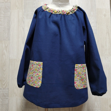 【*80〜160】リバティA ①レッド ラセンビィコットン ネイビー 長袖スモック 首パイピング