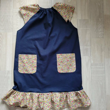 【80〜160】 リバティA ③ピンク ラセンビィコットン ネイビー 半袖スモック ショート袖 裾フリル