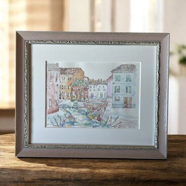 近くの島へちょっと寄り道（イタリア、ヴェネツィアの島、原画、透明水彩、額付き）
