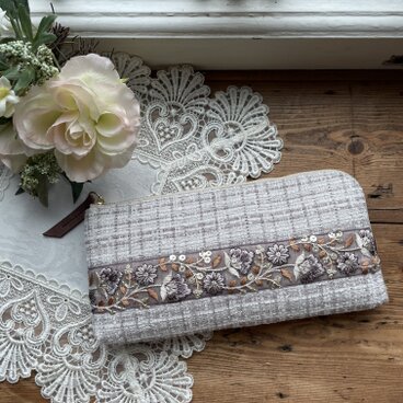 インド刺繍リボンL字ファスナー長財布(グレー系ツイードⅠ)