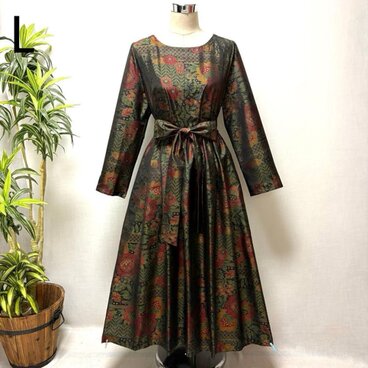 着物リメイク　大島紬花柄ロングワンピース　ジャンパースカート　2WAY ゆったり　Lサイズ　ウエストギャザー　大人かわいい　上品