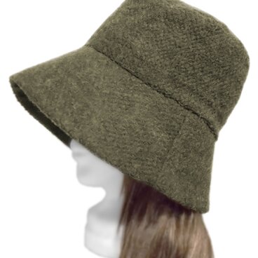 つば長・ゆったりバケットハット◆ブークレーウールニット／杢オリーブ　◇寒い季節におすすめ(秋冬)・紫外線対策・小顔効果◇