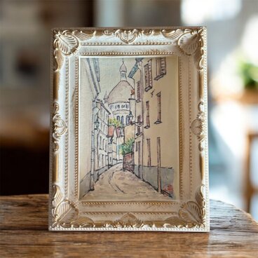 モンマルトル(フランス、パリ、水彩画、着彩画原画、額付き)