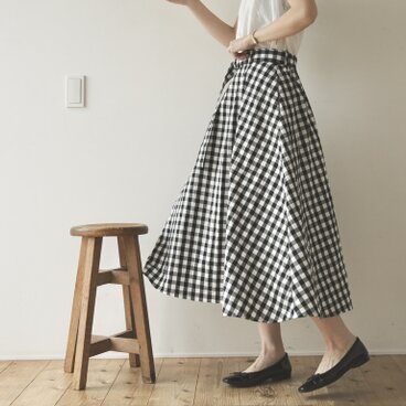 ギンガムチェック黒のフレアスカート /ベルト付き　No.384