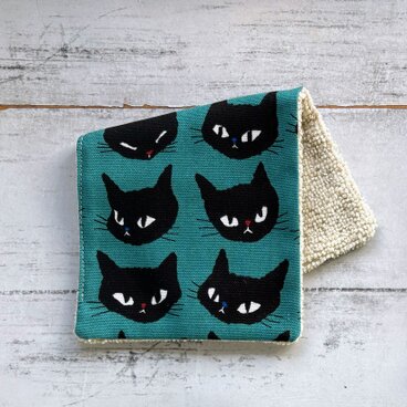 猫　ハンカチタオル　ハーフハンカチ　緑　名入れ　マイクロファイバータオル　