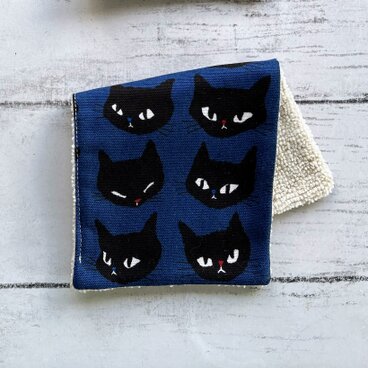 猫　ハンカチタオル　ハーフハンカチ　青　名入れ　マイクロファイバータオル