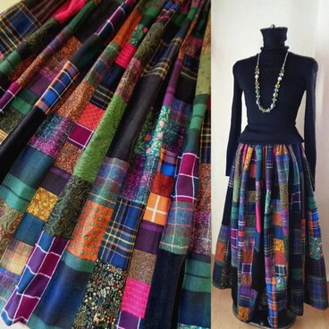 絵画なパッチワーク♥Dark green&Plum♥ボリュームギャザースカート♥マキシ丈