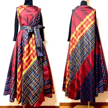 大島紬　パッチワークドレス　着物リメイク