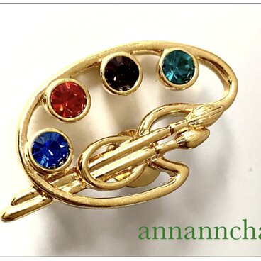 【ビンテージ 　絵画　パレット　ラインストーン　ブローチ】絵の具　筆　19８0年代