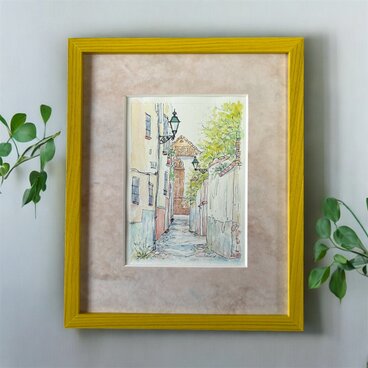 暖かな朝(スペイン、グラナダ、原画、透明水彩、額付き)