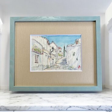 坂道をのぼれば(スペイン、グラナダ、原画、透明水彩、額付き）