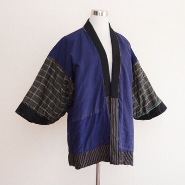 昭和初期〜中期 木綿 野良着 縞柄 裏面 クレイジーパターン 手縫い 襤褸 古布 ジャパンヴィンテージ