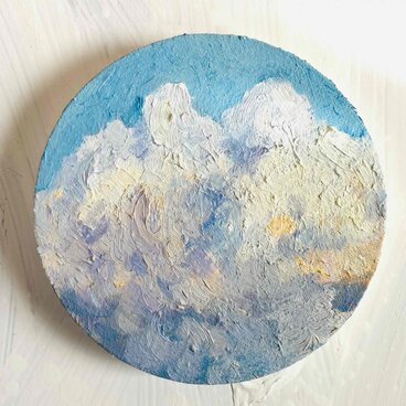油彩 絵画 『空の雲』丸形アートパネル 直径15cmインテリア 絵画 原画