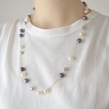 【14kgf】3色淡水パールのモノトーン60cmロングネックレス