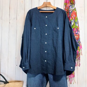 ハンドワッシャー紺色　衿なしラウンドネックシャツ　S～6L