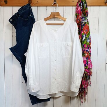 ハンドワッシャー白　衿なしラウンドネックシャツ　S～6L