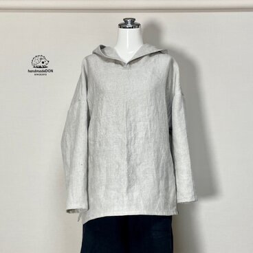 【厚手リネン】大人のシンプルパーカ　裾ミニスリット入◆生成り◆フリーサイズ（ウィンターリネン、15番手リネン100％）