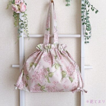 リバティ アーカイブ・ライラックの巾着トートバッグ＊ペールピンク＊受注制作＊