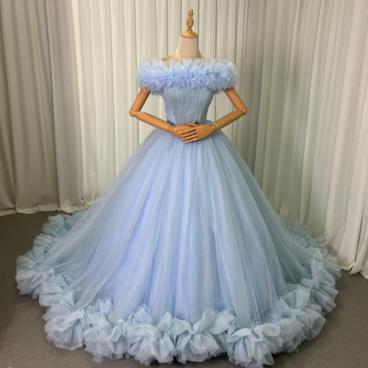 カラードレス ブルー 取り外しオフショルダー キラキラチュール フレアスカート 華やかなトレーン 編み上げ 披露宴