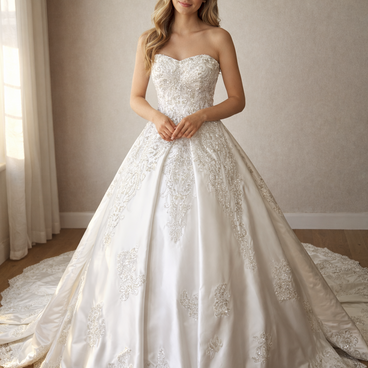 豪華！ウェディングドレス 韓国風ドレス ベアトップ キラキラ光る刺繍 拳式 華やかなトレーン デザイン感 編み上げ