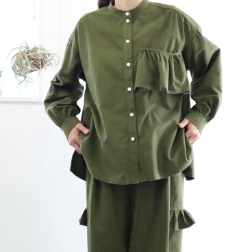 cotton flannel frill pocket blouse  (army green)