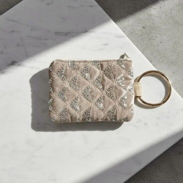 カラビナ付きミニポーチ/スパンコール・刺繍/ベージュ・ゴールド/バッグに下げて大人のバッグ整理